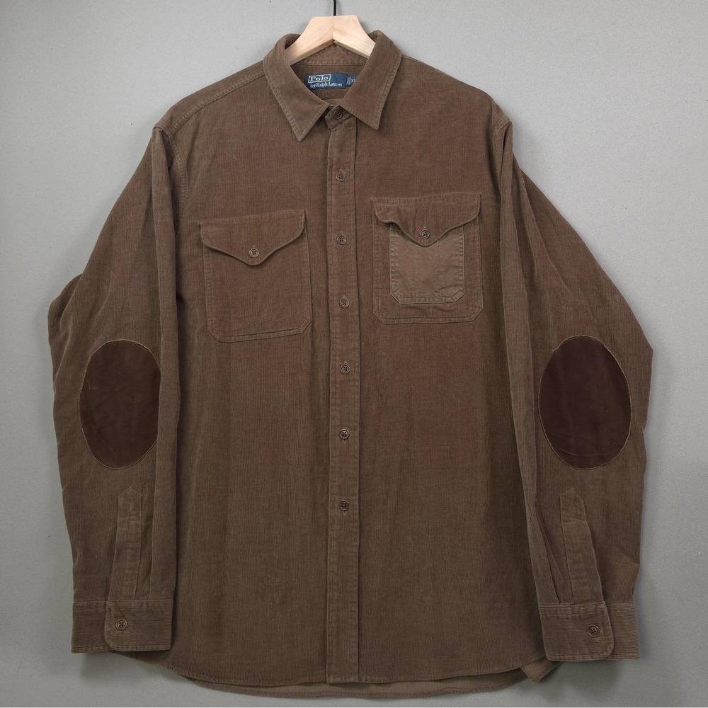 Polo Ralph Lauren Corduroy Work Shirt Mens XL Brown Elbow Patch Button Up Vtg LS